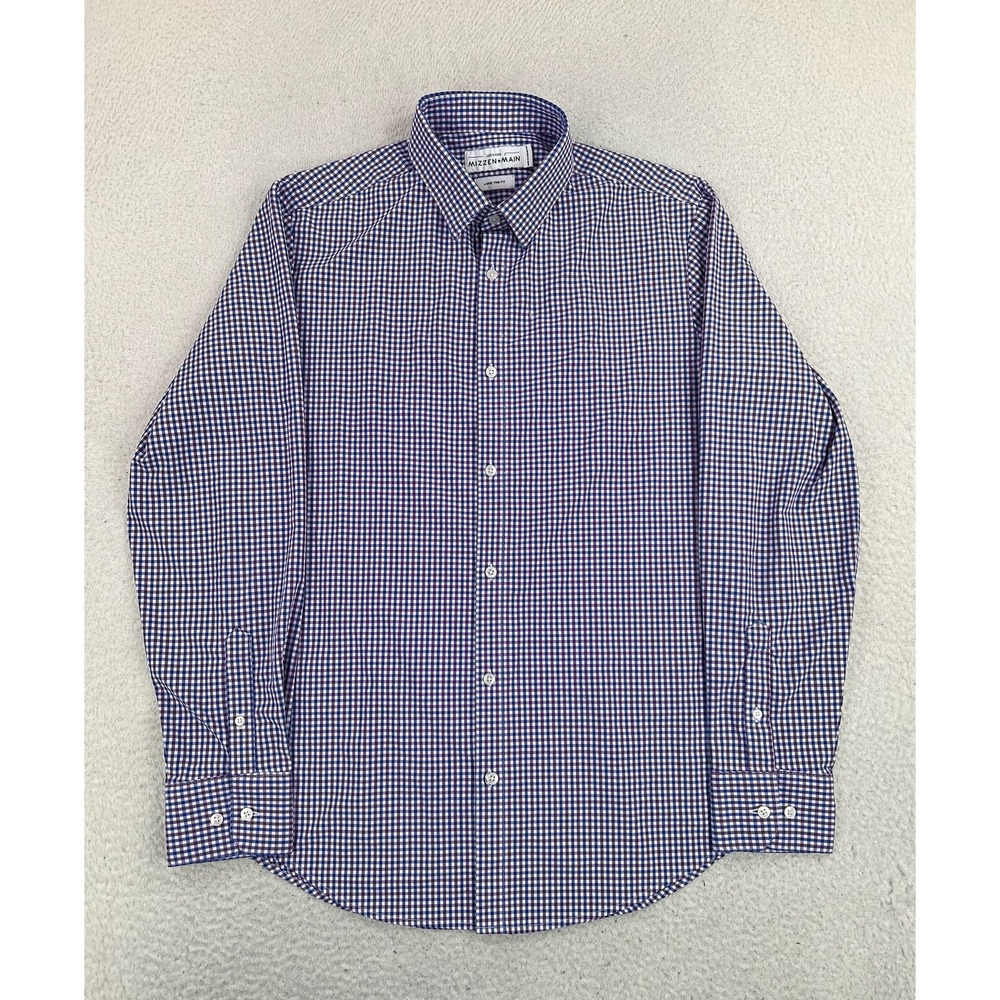 Mizzen+Main Leeward Dress Shirt Mens Large Blue Gingham Trim Fit Stretch LS